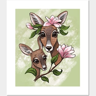 Mother deer and  fawn with magnolia Posters and Art